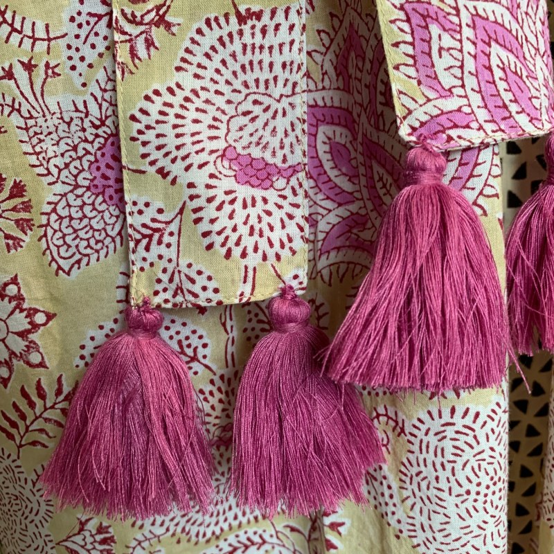 Thumbnail of Handblock Cotton Kimono With Tassels - French Pink Rose With Trimming image