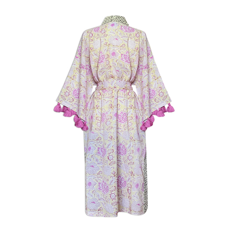 Thumbnail of Handblock Cotton Kimono With Tassels - French Pink Rose With Trimming image