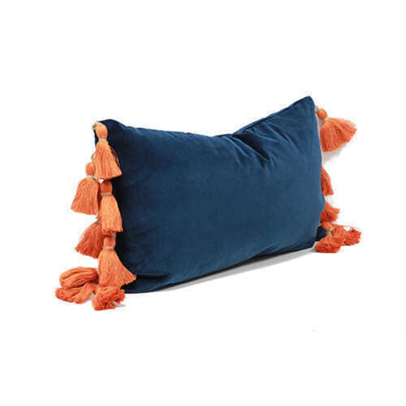 Navy Velvet Lumbar Pillow With Orange Tassel Fringe SmithH nig