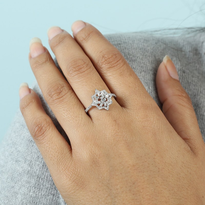 Thumbnail of Handmade Solid White Gold Baguette White Diamond Star Design Ring image