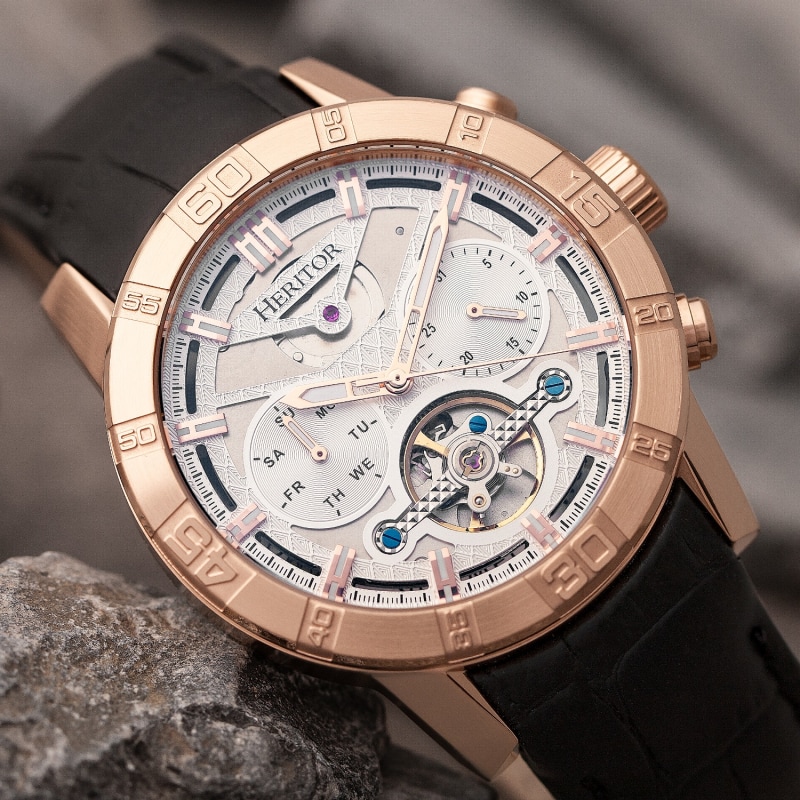 Hannibal Semi Skeleton Leather Band Watch with Day and Date Rose Gold Silver Heritor Automatic Wolf Badger