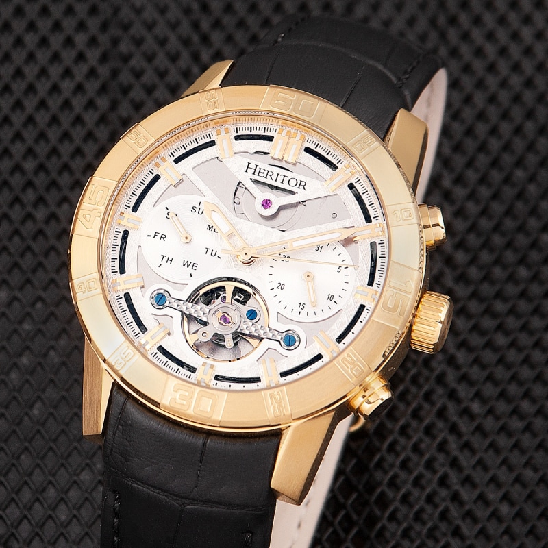 Hannibal Semi Skeleton Leather Band Watch with Day and Date Gold Silver Heritor Automatic Wolf Badger