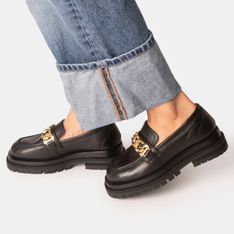 Black loafers with gold chain sale