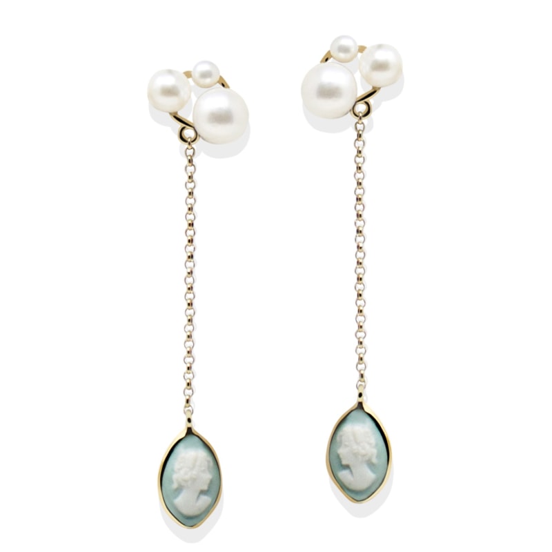 Thumbnail of Lilith Gold-Plated Green Cameo And Pearl Drop Earrings image