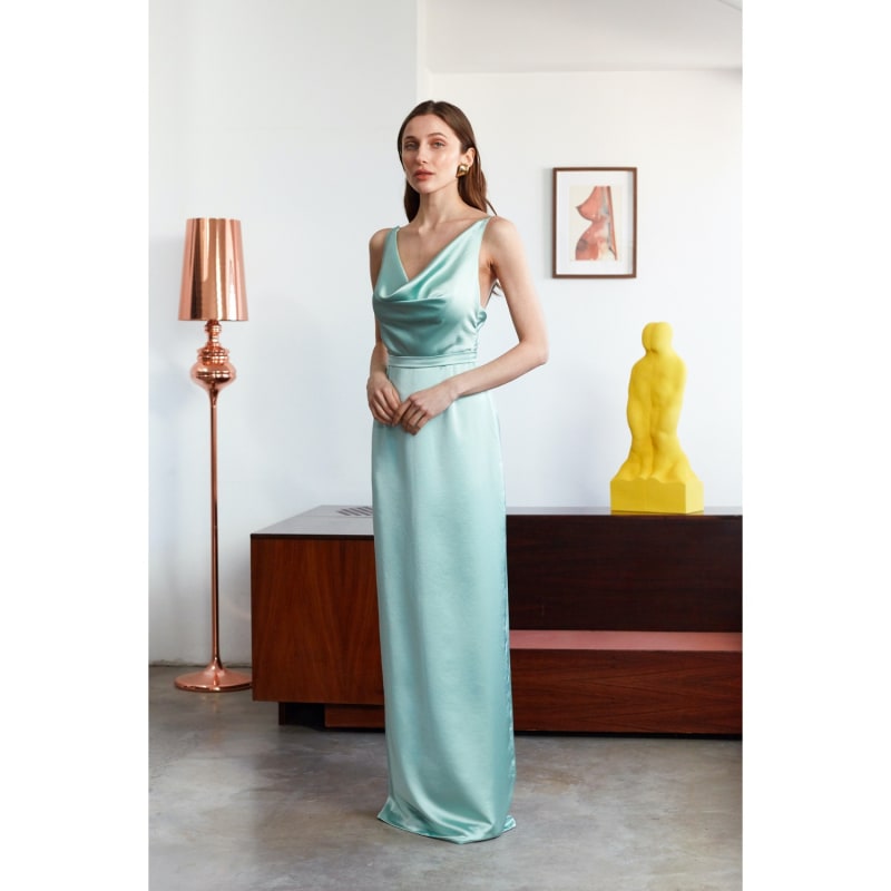 Amila Mint Green Satin Draped Front Open Back Maxi Dress Undress Wolf Badger