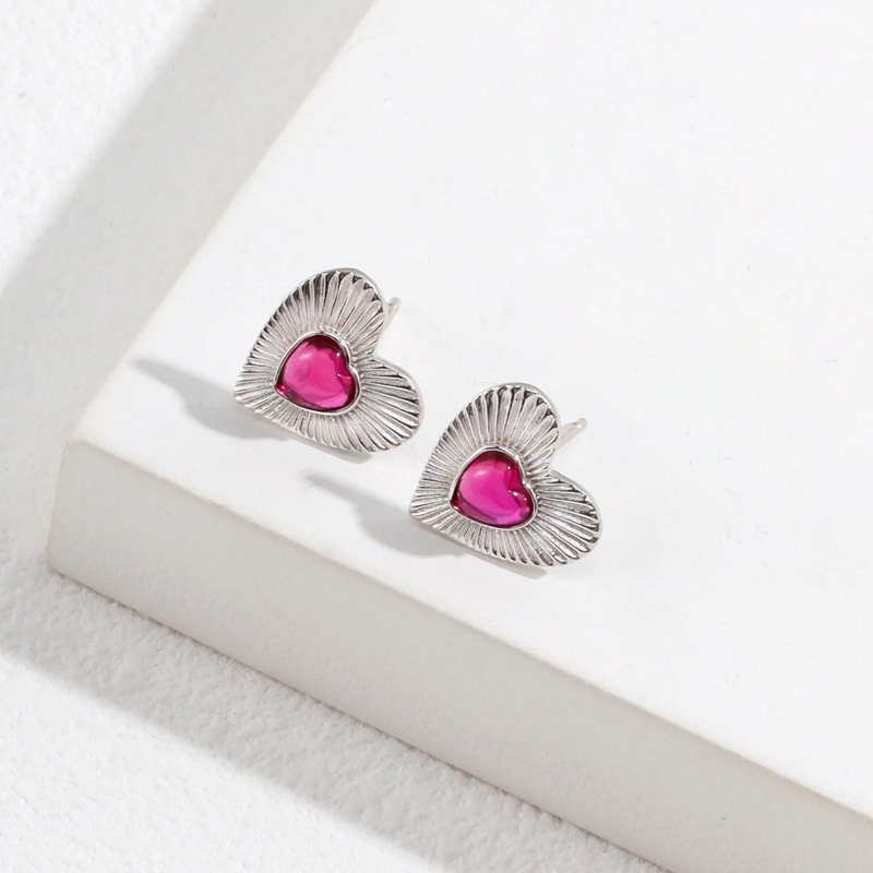 Heart Shape Silver With Red Zircon Earrings by Ms. Donna