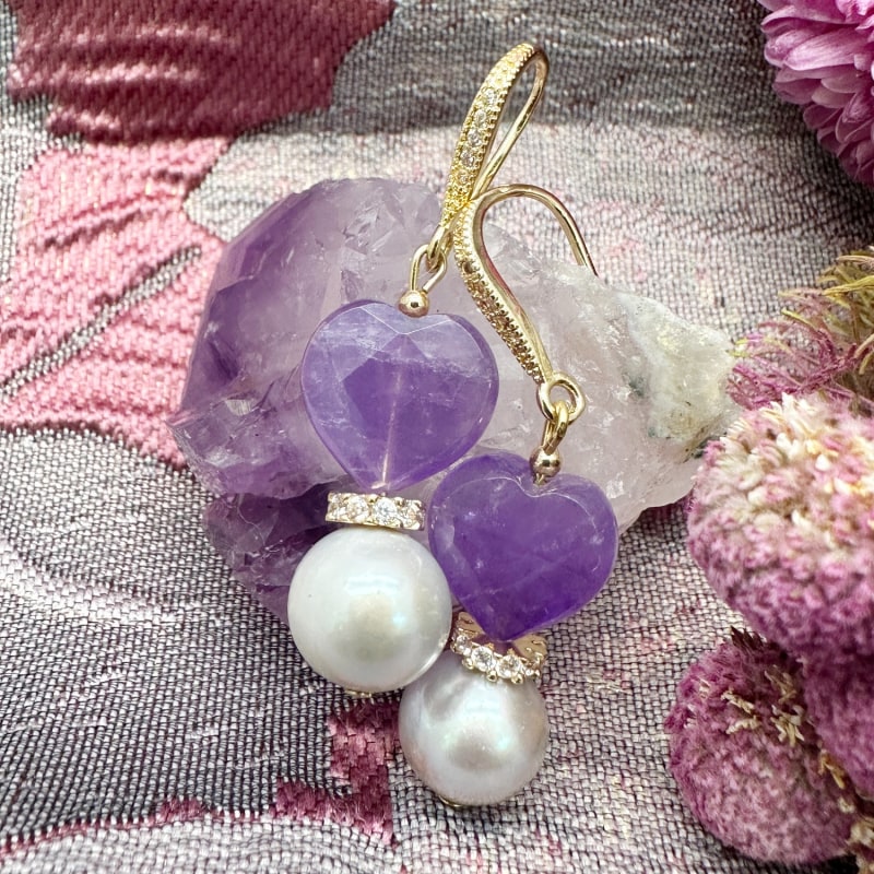 Thumbnail of Heart Shaped Amethyst With Gray Freshwater Pearl Earrings image