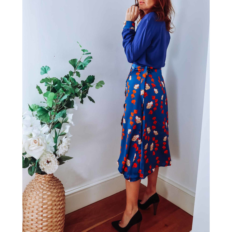 Thumbnail of Blue Floral Silk Wrap Skirt image