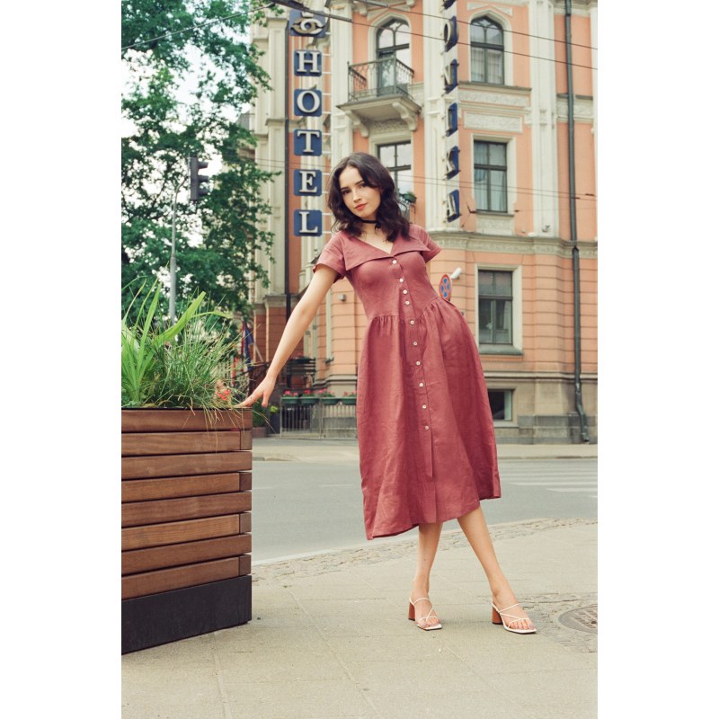 Thumbnail of Helena Dress In Pure Linen In Plum With Shell Buttons And Modern Sailor Collar image