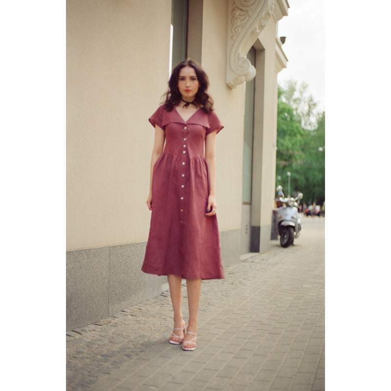 Thumbnail of Helena Dress In Pure Linen In Plum With Shell Buttons And Modern Sailor Collar image