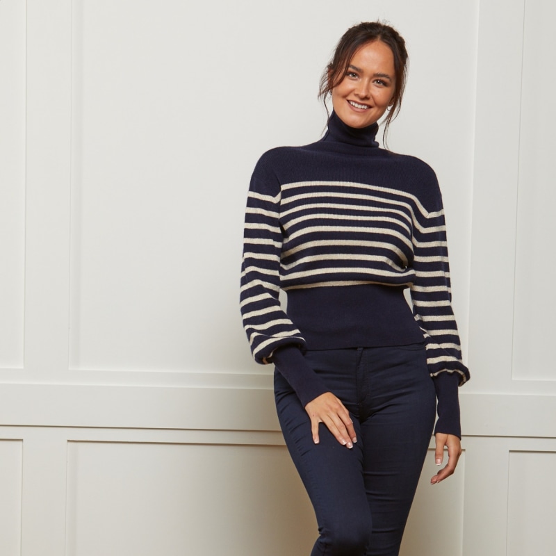 Thumbnail of Navy & Cream Lurex Stripe Cashmere Roll Neck Jumper image