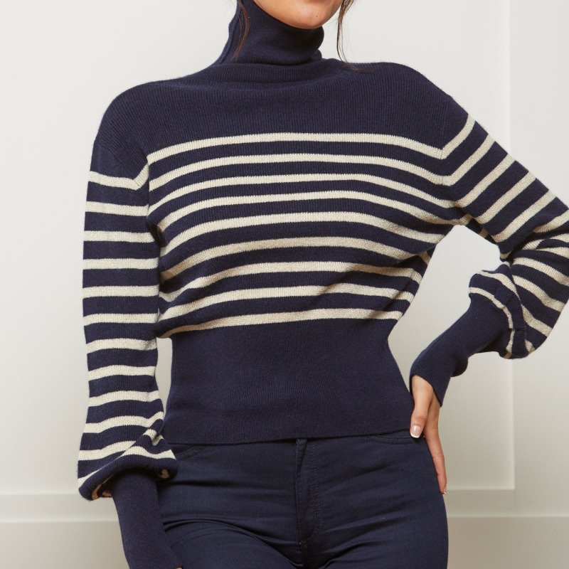 Thumbnail of Navy & Cream Lurex Stripe Cashmere Roll Neck Jumper image