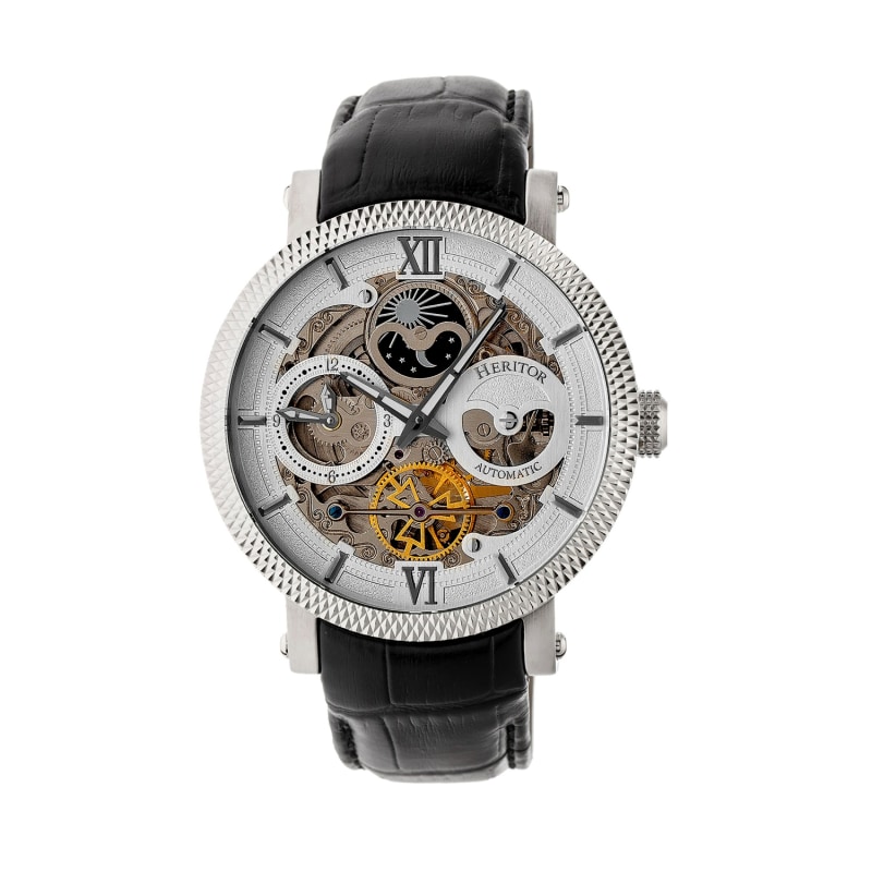 Aries Leather Band Skeleton Watch with Moon Phase Silver by Heritor Automatic