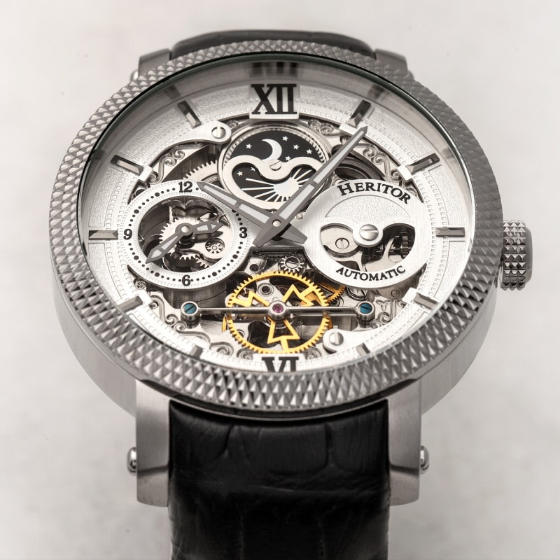 Aries Leather Band Skeleton Watch with Moon Phase Silver