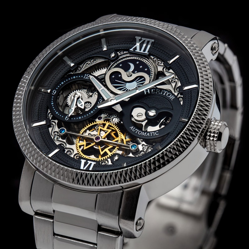 Aries Skeleton Bracelet Watch with Moon Phase Black Silver by Heritor Automatic