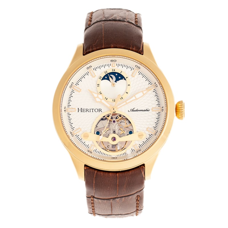 Gregory Semi Skeleton Leather Band Watch with Moon Phase Brown Gold Heritor Automatic Wolf Badger