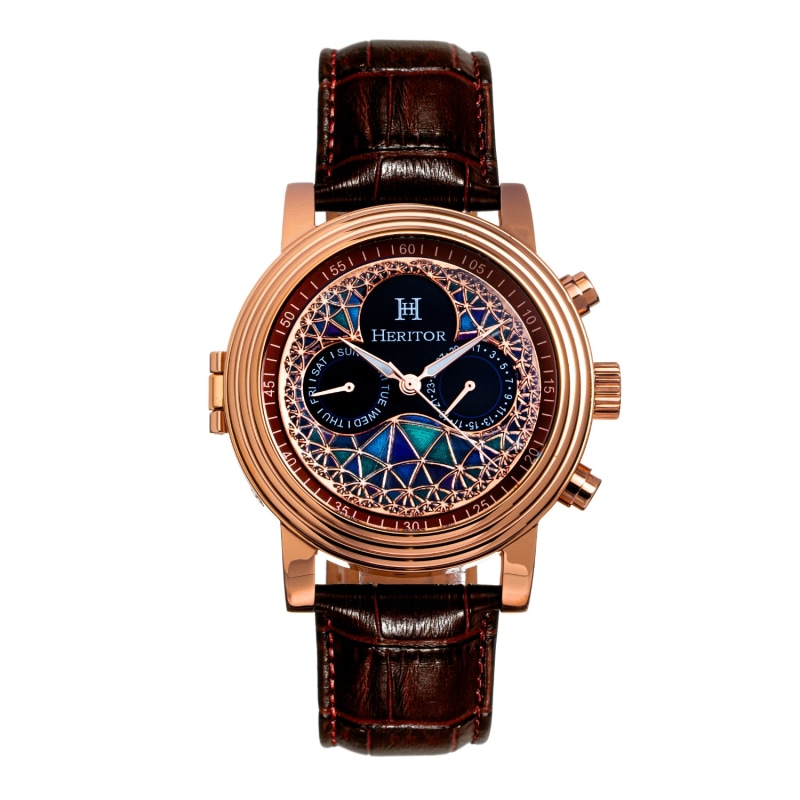 Legacy Leather Band Watch with Day and Date Brown Rose Gold Heritor Automatic Wolf Badger