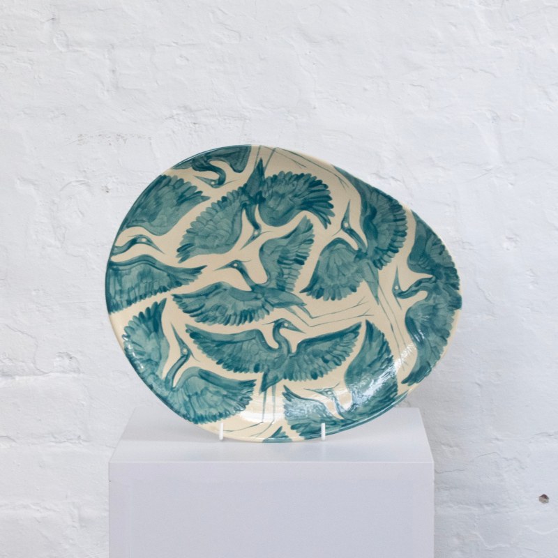 Thumbnail of Hand Painted Herons Organic Shaped Platter - Teal image