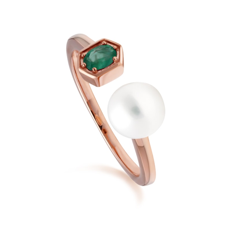 Thumbnail of Pearl & Emerald Open Ring In Rose Gold Plated Sterling Silver image