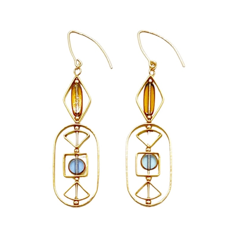 Thumbnail of Light Blue Circle And Orange Oblong-Shaped Art Earrings image