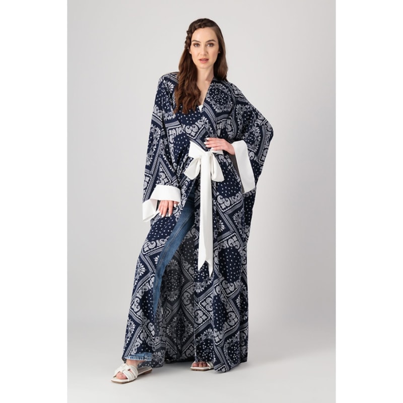 Thumbnail of Classic Abaya Cut With Belt In Printed Navy Paisley Rayon image