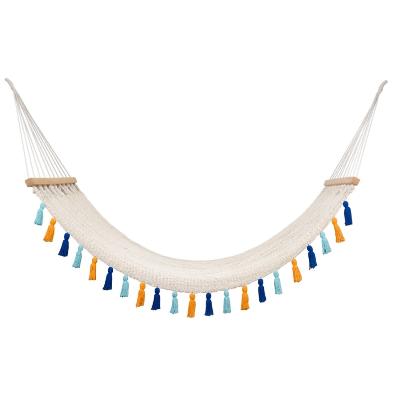 Thumbnail of Deluxe Natural Cotton Hammock With Hue Inspired Tassels - Teak Wooden Bar image