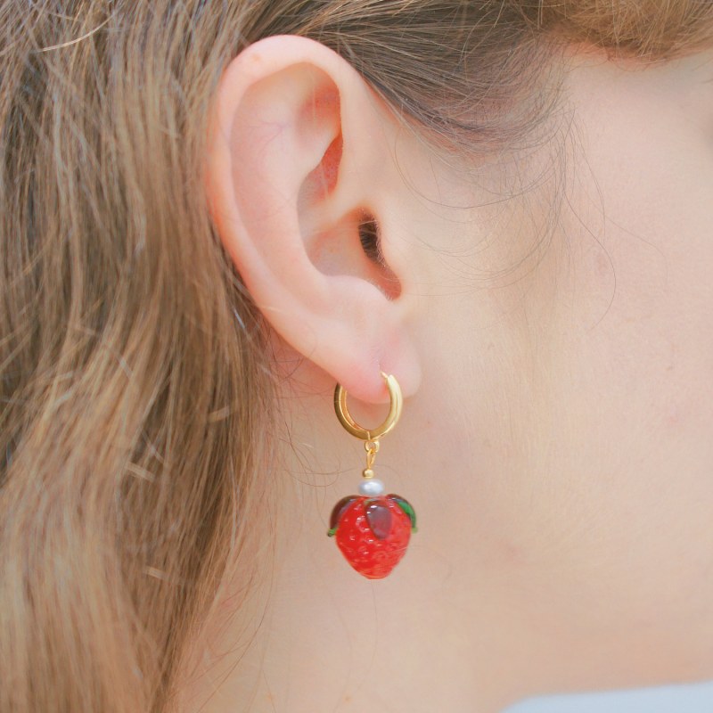 Thumbnail of Strawberry Huggie Hoop & Leaf Stud Mismatched Earrings image