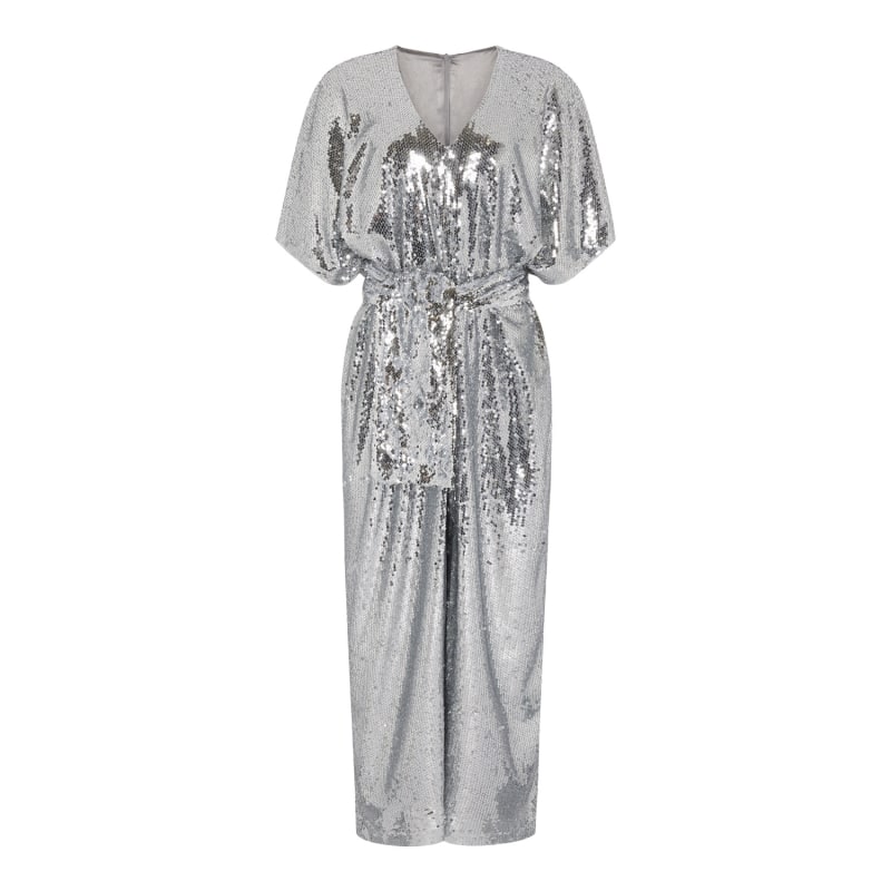 Thumbnail of Silver Sequin Palazzo Jumpsuit With Satin Lining & Detachable Belt image