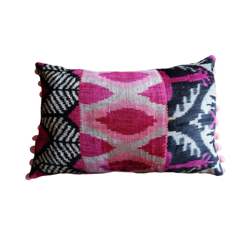 Thumbnail of Fushia Pink & Black Ikat Patchwork Cushion with Pom Pom image