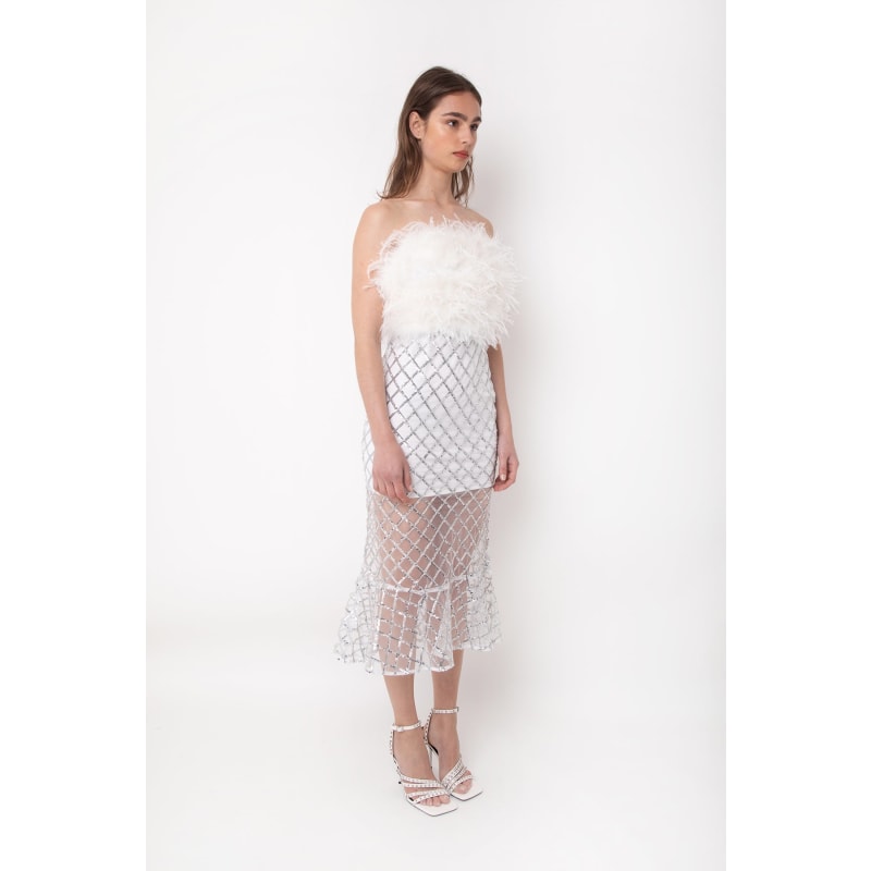 Thumbnail of Hollywood White Sequin & Faux Feather Midi Dress image