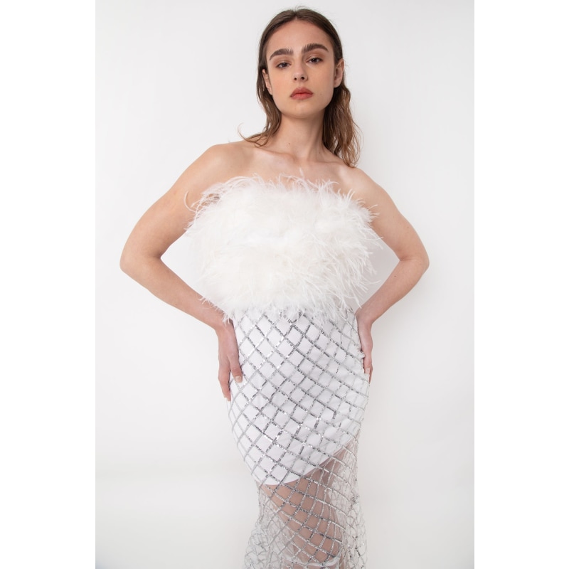 Hollywood White Sequin & Faux Feather Midi Dress | AMY LYNN | Wolf & Badger