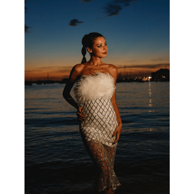 White feather sequin dress cheap