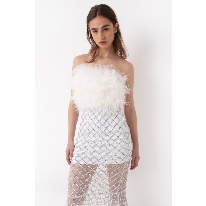 Thumbnail of Hollywood White Sequin & Faux Feather Midi Dress image