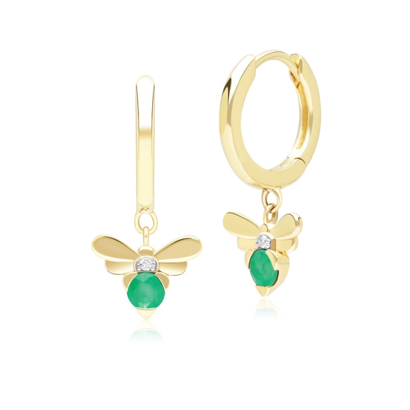 Thumbnail of Honeycomb Inspired Emerald & Diamond Bee Hoop Earrings In Yellow Gold image