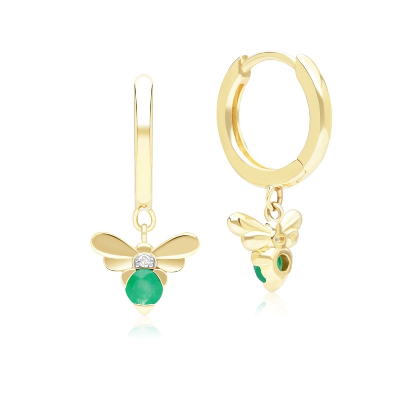 Thumbnail of Honeycomb Inspired Emerald & Diamond Bee Hoop Earrings In Yellow Gold image