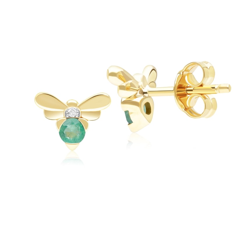Thumbnail of Honeycomb Inspired Emerald & Diamond Bee Stud Earrings In Yellow Gold image