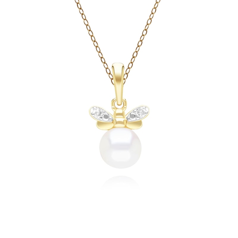 Thumbnail of Honeycomb Inspired Pearl & Diamond Bee Pendant Necklace In Yellow Gold image