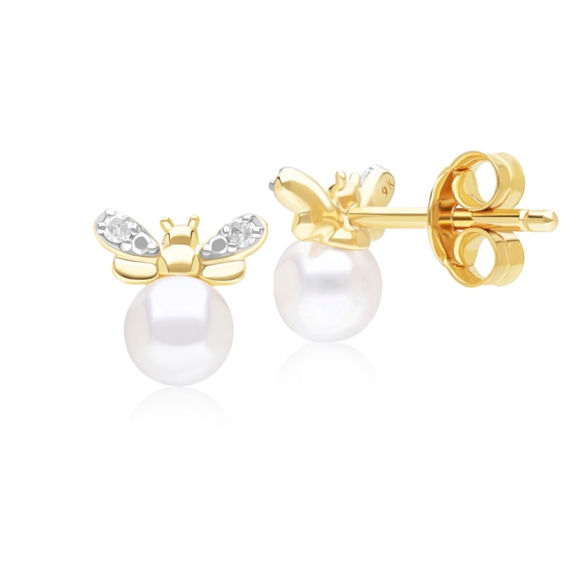 Thumbnail of Honeycomb Inspired Pearl & Diamond Bee Stud Earrings In Yellow Gold image