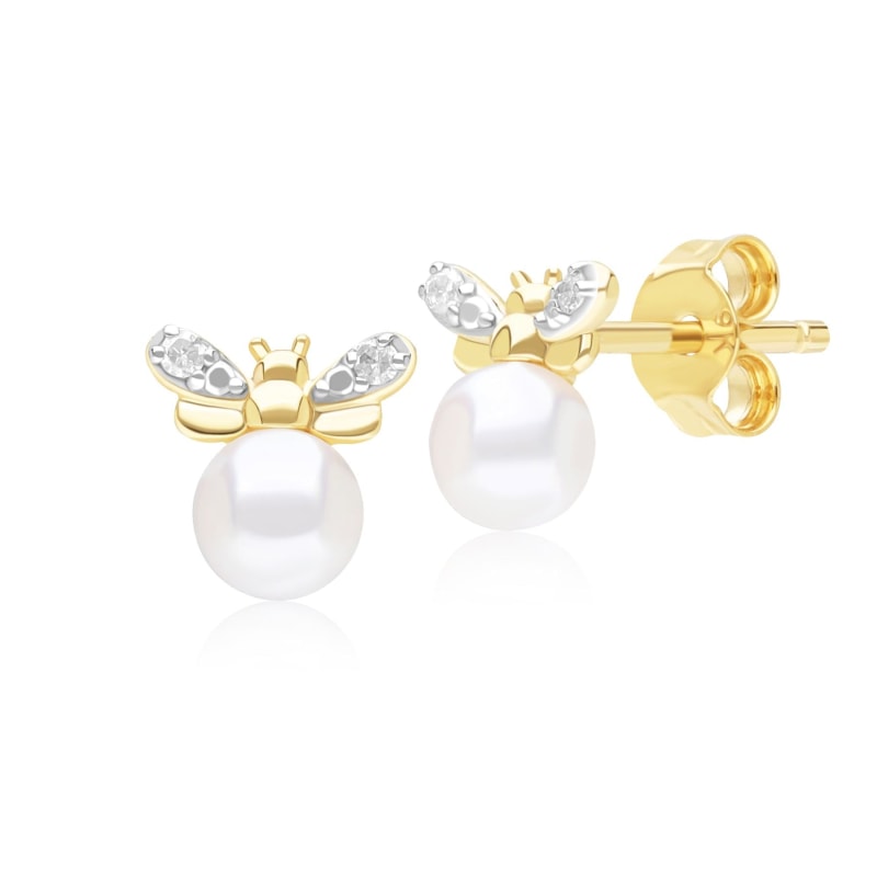 Thumbnail of Honeycomb Inspired Pearl & Diamond Bee Stud Earrings In Yellow Gold image