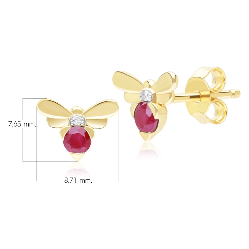 Thumbnail of Honeycomb Inspired Ruby & Diamond Bee Stud Earrings In Yellow Gold image