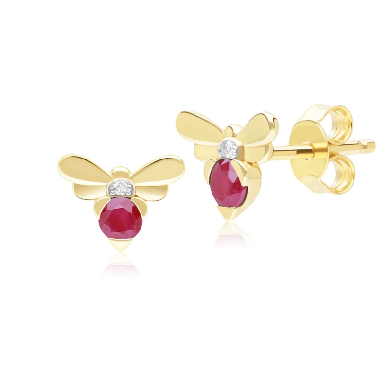 Thumbnail of Honeycomb Inspired Ruby & Diamond Bee Stud Earrings In Yellow Gold image