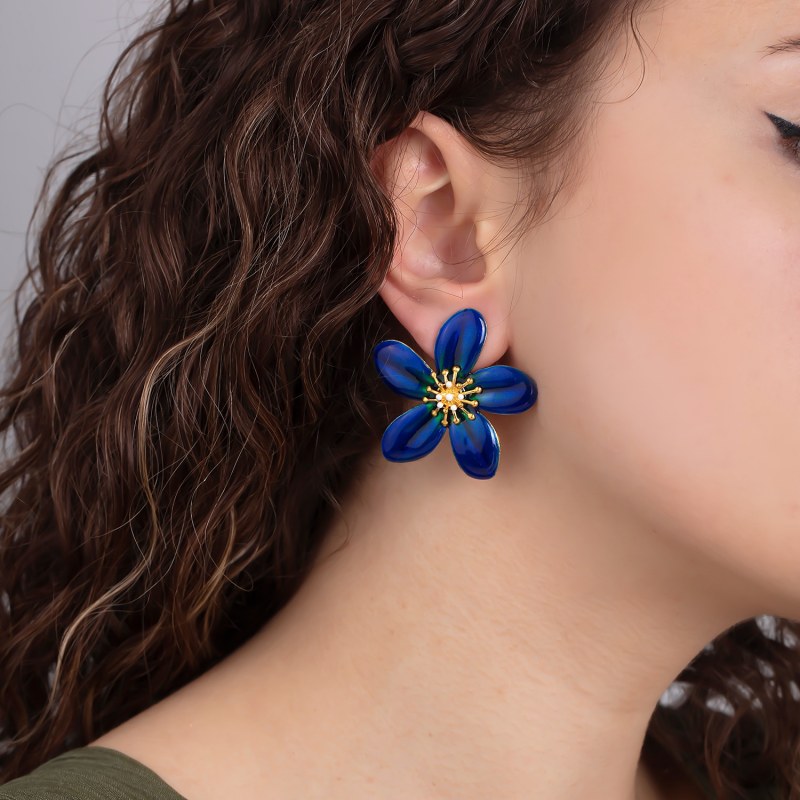 Navy Blue Periwinkle Flower Earrings Milou Jewelry Wolf Badger