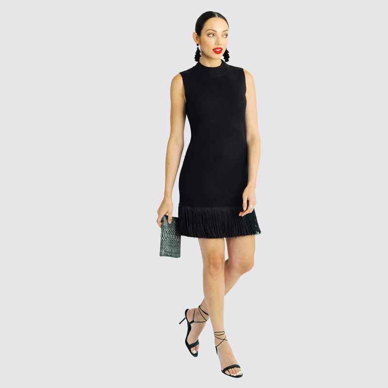 Thumbnail of Cashmere Mockneck Shift Dress With Fringe Hem - Black image