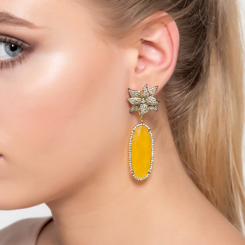 Thumbnail of Lotus Flower Oval Yellow Citrine Earrings Gold image