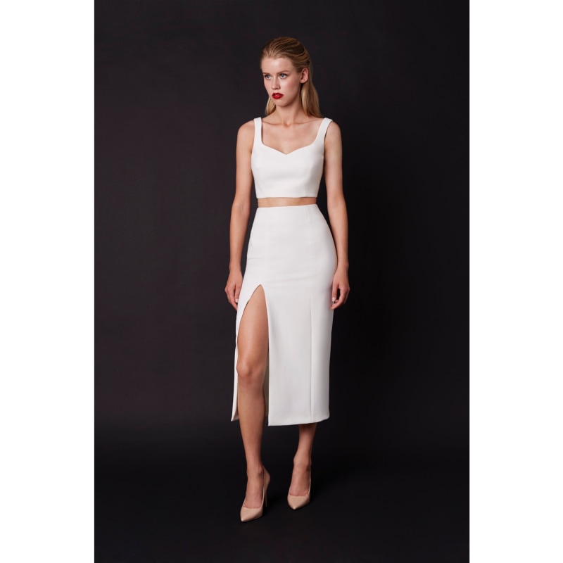 Noara Creamy White Midi Front Slit Skirt Set by Nomi Fame