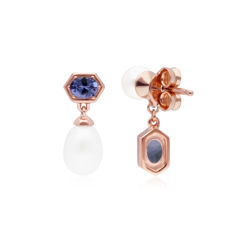 Thumbnail of Mismatched Tanzanite & Pearl Dangle Earrings In Rose Gold Plated Silver image