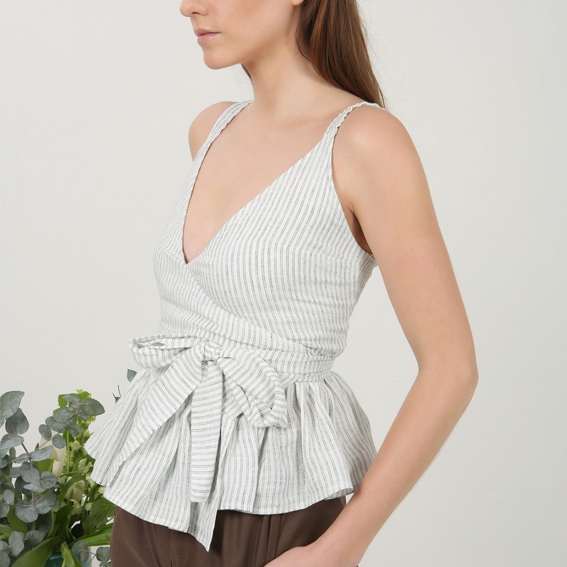 Thumbnail of White & Black Stripy Line Sleeveless Wrap Top image