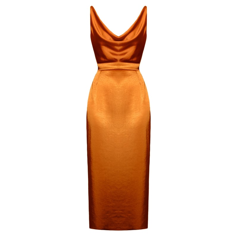 Thumbnail of Kamea Tawny Brown Satin Draped Front Open Back Midi Dress image