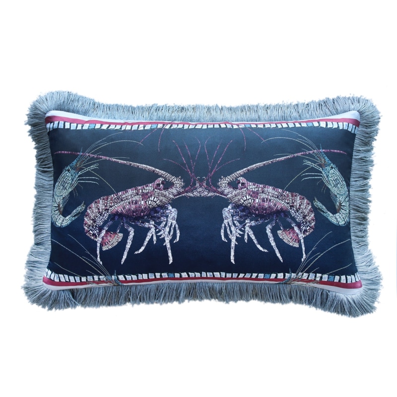 Thumbnail of Lobster And Prawn Mosaic Silk Cushion - Navy image