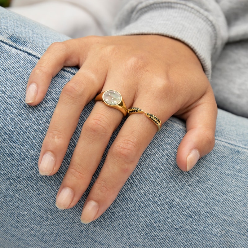 22ct Gold Vermeil Mother Of Pearl Star Signet Ring Seol Gold Wolf Badger